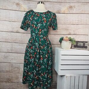 LuLaRoe Amelia Dress Womens 2XL Green Feather Print Fit Flare Pockets
